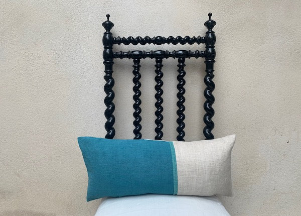coussin cale-reins lin ancien teint upcyclé turquoise